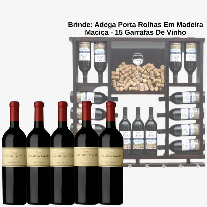 Kit De 6 Vinhos Angélica Zapata Malbec + BRINDE: Adega Porta Rolhas Em Madeira Maciça - Suporta 15 Garrafas De Vinho